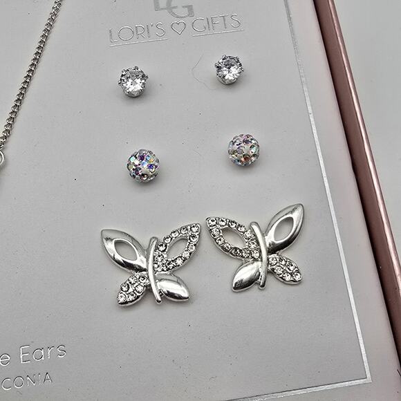 Sensitive Ears Silver Tone Butterfly Necklace and Earrings Gift Set - Picture 2 of 3